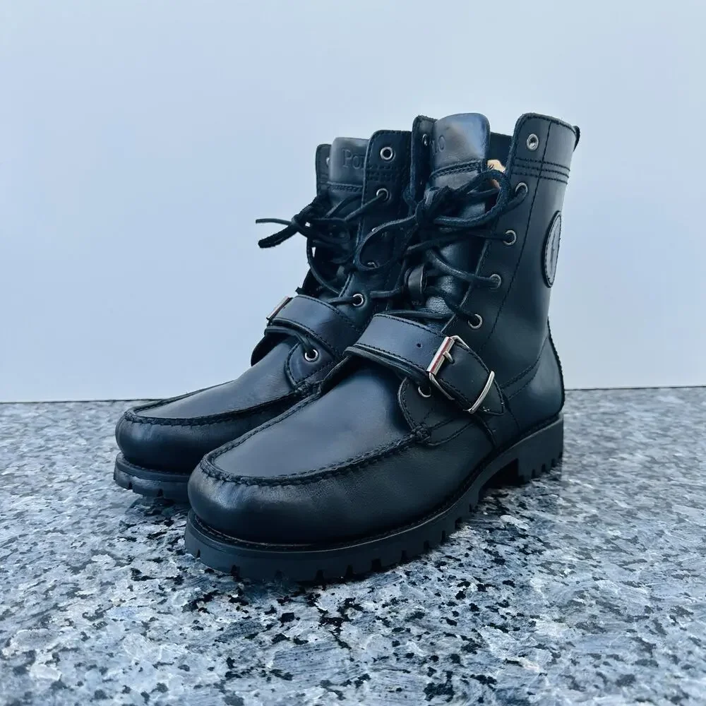 POLO RALPH LAUREN Black RANGER Tumbled Leather Lug Sole Lace Up Boot 10 D
